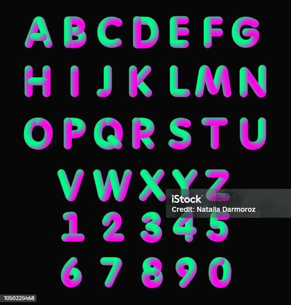 Vector Illustration Of Bright Color Pink And Green Soft Flexible Neon 3d Font Alphabet Isolated On A White Background Matte Liquid Purple And Green Colors Stock Illustration - Download Image Now