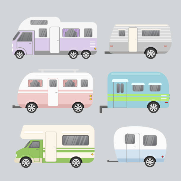 stockillustraties, clipart, cartoons en iconen met vectorillustratie set camping aanhangwagens. concept van reizen stacaravan geïsoleerd op lichte grijze achtergrond in een platte cartoon stijl en pastel kleuren. - rv