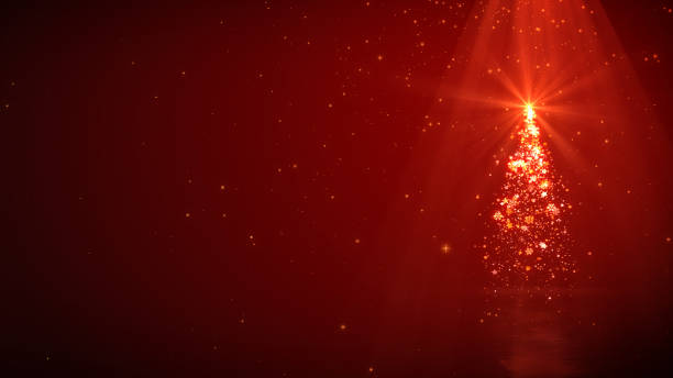 Christmas tree magic lights and shine on red background with copyspace