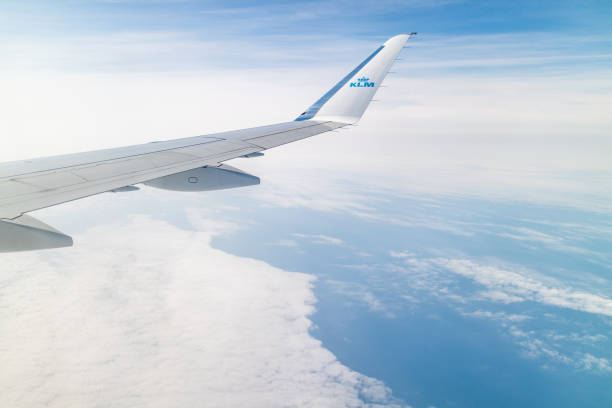 The view out of the window of a KLM flight into Amsterdam Amsterdam, The Netherlands - 08/15/2018: The view out of the window of a KLM flight into Amsterdam klm stock pictures, royalty-free photos & images