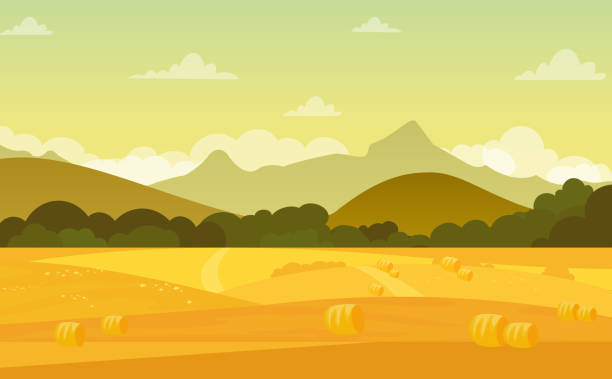 illustrazioni stock, clip art, cartoni animati e icone di tendenza di illustrazione vettoriale del paesaggio autunnale con campi e montagne al tramonto con bellissimo cielo in colori pastello in stile cartone animato piatto. - horizon over land tree sunset hill