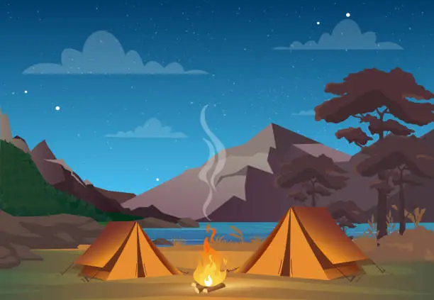 Vector illustration of Vector illustration of camping in night time with beautiful view on mountains. Family camping evening time. Tent, fire, forest and rocky mountains background, night sky with clouds.
