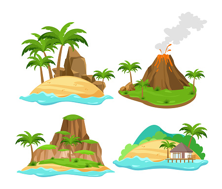Vector illustration set of different scenes of tropical islands with palm trees and mountains, volcano isolated on white background in flat cartoon style