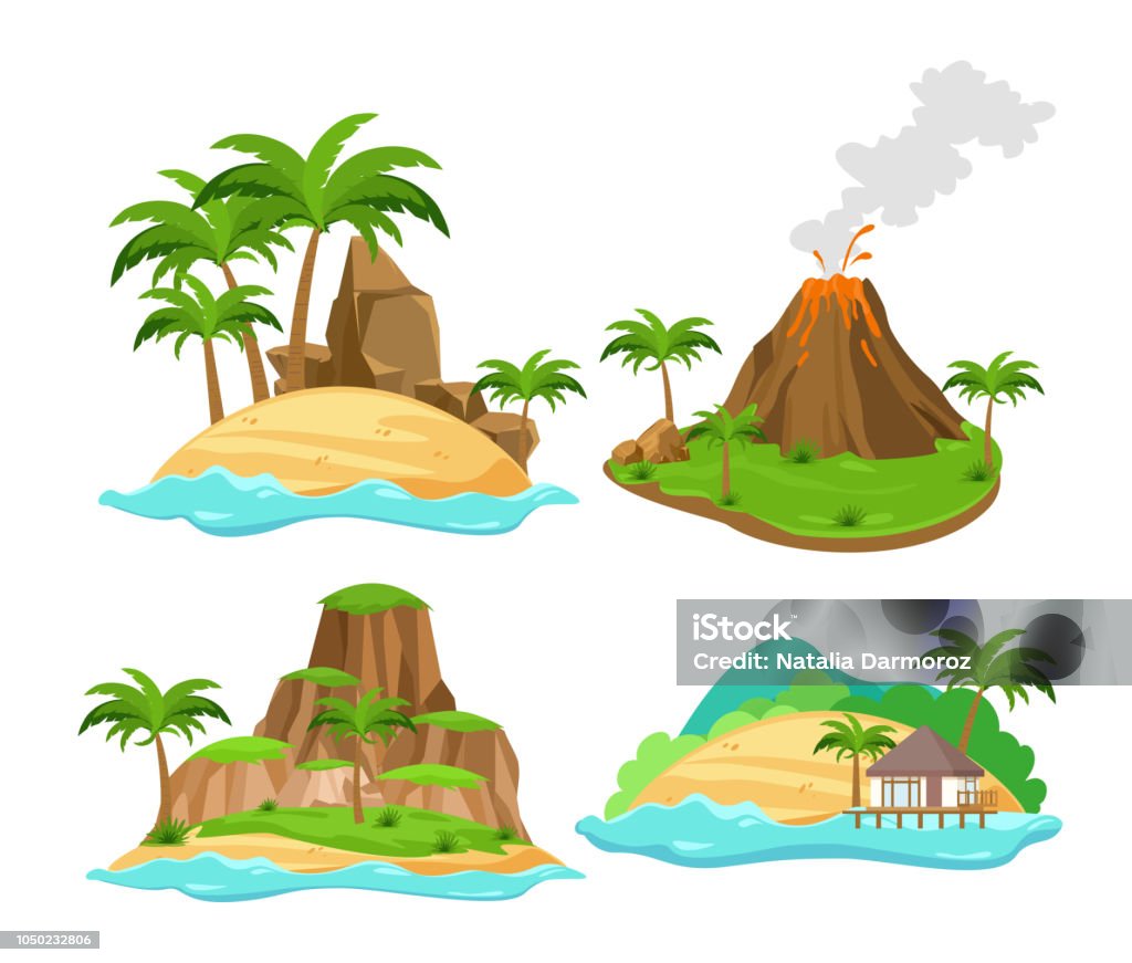 Vector illustration set of different scenes of tropical islands with palm trees and mountains, volcano isolated on white background in flat cartoon style. Vector illustration set of different scenes of tropical islands with palm trees and mountains, volcano isolated on white background in flat cartoon style Island stock vector