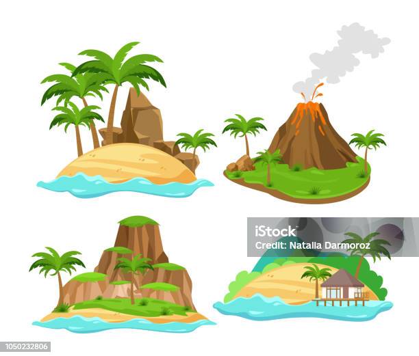 Vector Illustration Set Of Different Scenes Of Tropical Islands With Palm Trees And Mountains Volcano Isolated On White Background In Flat Cartoon Style Stock Illustration - Download Image Now