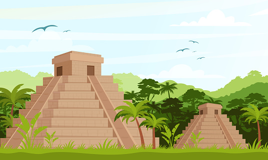 Vector Illustration of ancient Mayan pyramids in the jungle in daytime in flat cartoon style