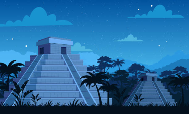 ilustraciones, imágenes clip art, dibujos animados e iconos de stock de vector ilustración de antiguas pirámides mayas en el tiempo de la noche con plantas tropicales, selva y cielo de fondo en estilo de dibujos animados plana. - mexico the americas ancient past
