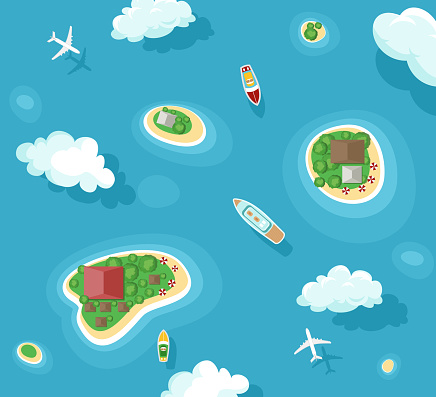 Vector illustration of islands top view with boats and plans. Ocean summer vacation. Travel concept with yacht, airplane, palms and clouds in flat style