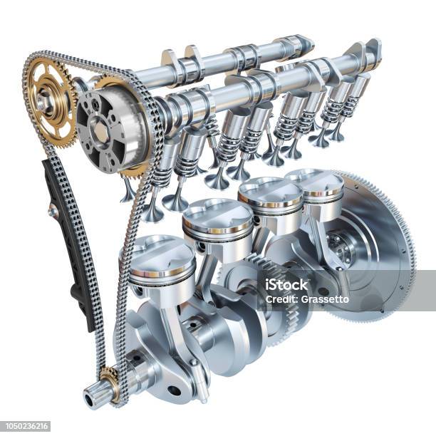 System Of Internal Combustion Engine Isolated On White Background 3d Stock Photo - Download Image Now