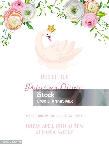 istock Baby Birthday Invitation Card with Illustration of Beautiful Swan and Flowers, arrival announcement, greetings in vector 1050238274