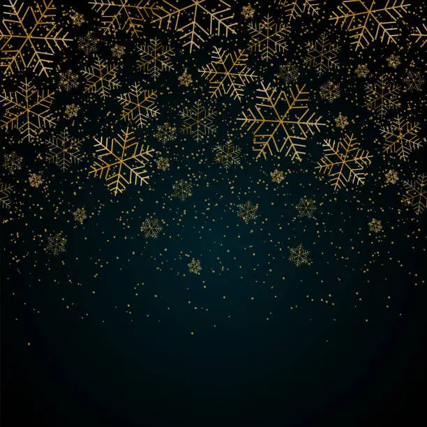 Vector illustration of Christmas New Year background with gold snowflakes and glitter Blue festive winter background Christmas and New Year pattern of gold snowflakes Design element template holiday theme Vector