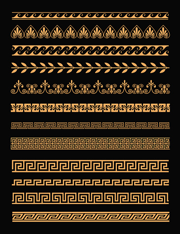 Vector illustration set of antique greek borders and seamless ornaments in golden color on black background in flat style. Greece concept elements