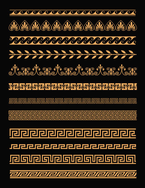 Vector illustration set of antique greek borders and seamless ornaments in golden color on black background in flat style. Greece concept elements. Vector illustration set of antique greek borders and seamless ornaments in golden color on black background in flat style. Greece concept elements roman stock illustrations