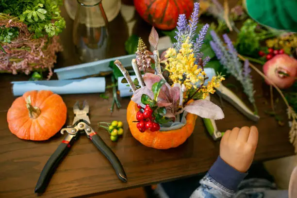 Florist at work: How to make a Thanksgiving centerpiece with big pumpkin and bouquet of flowers. Step by step, tutorial.