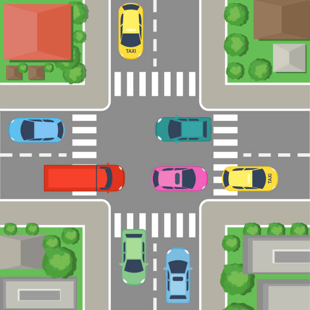 illustrazioni stock, clip art, cartoni animati e icone di tendenza di illustrazione vettoriale dell'attraversamento della strada in città. vista dall'alto della strada con auto e strade, case e alberi. concetto crossroad in stile cartone animato piatto. - svincolo stradale