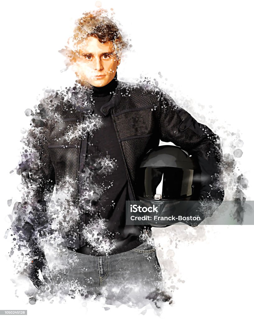 Biker in black Illustration of Bicker in black holding his crash helmet Portrait stock illustration