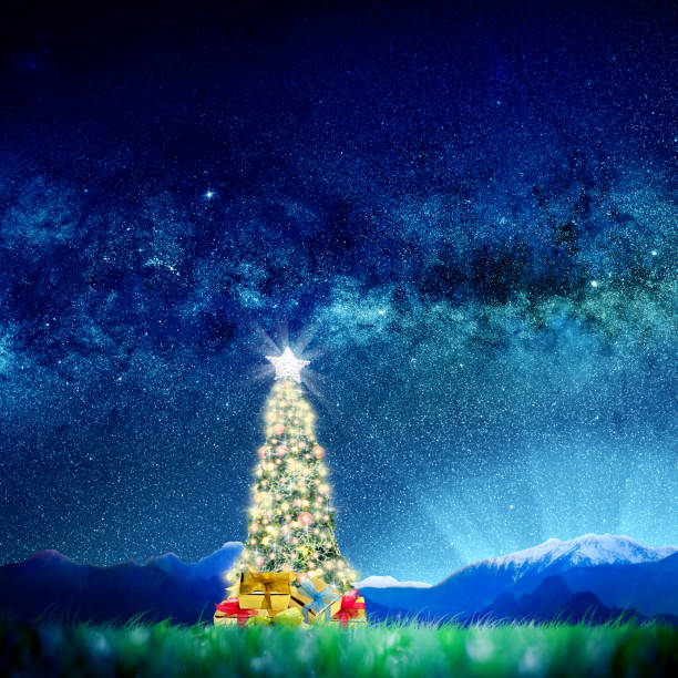 istock Christmas tree on green landscape over night sky with stars 1050258460