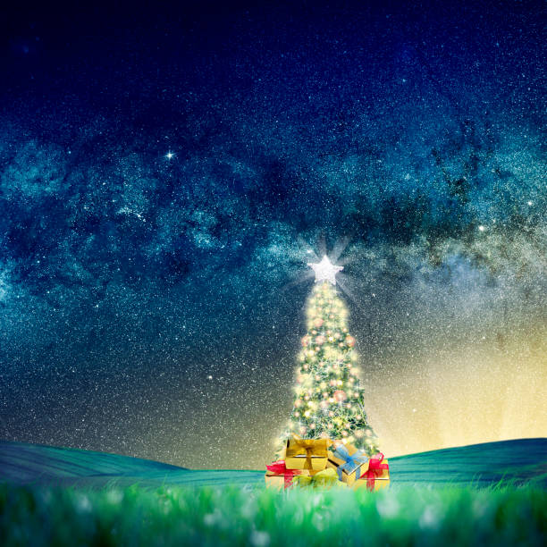 istock Christmas tree on green landscape over night sky with stars 1050261576