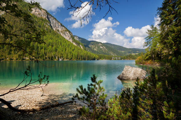 Braies lake (Lake Braies), Dolomite Alps, Belluno, Italy stock photo