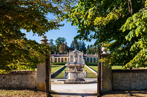 Maser, Italy - September 09, 2018: Tourist visit to Villa Barbaro, designed by Andrea Palladio (1554-1560). Although only the side wings are to be attributed to the famous Venetian architect, the villa is joined the UNESCO World Heritage Site in 1996, together with other Palladian Villas of the Veneto.