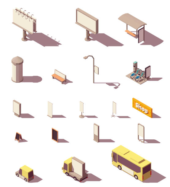 Vector isometric outdoor advertising Vector isometric outdoor advertising media set includes frontlight billboard, backlight billboard, citylight, banners, bus shelter, advertising column, signage, street furniture and transport bus shelter stock illustrations