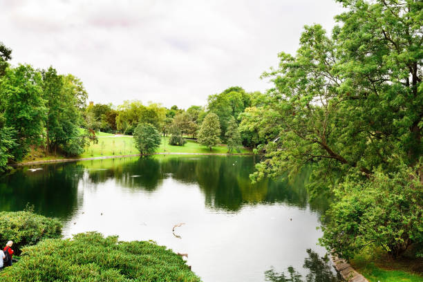 Pond, trees and birds in Vigeland park in Oslo.