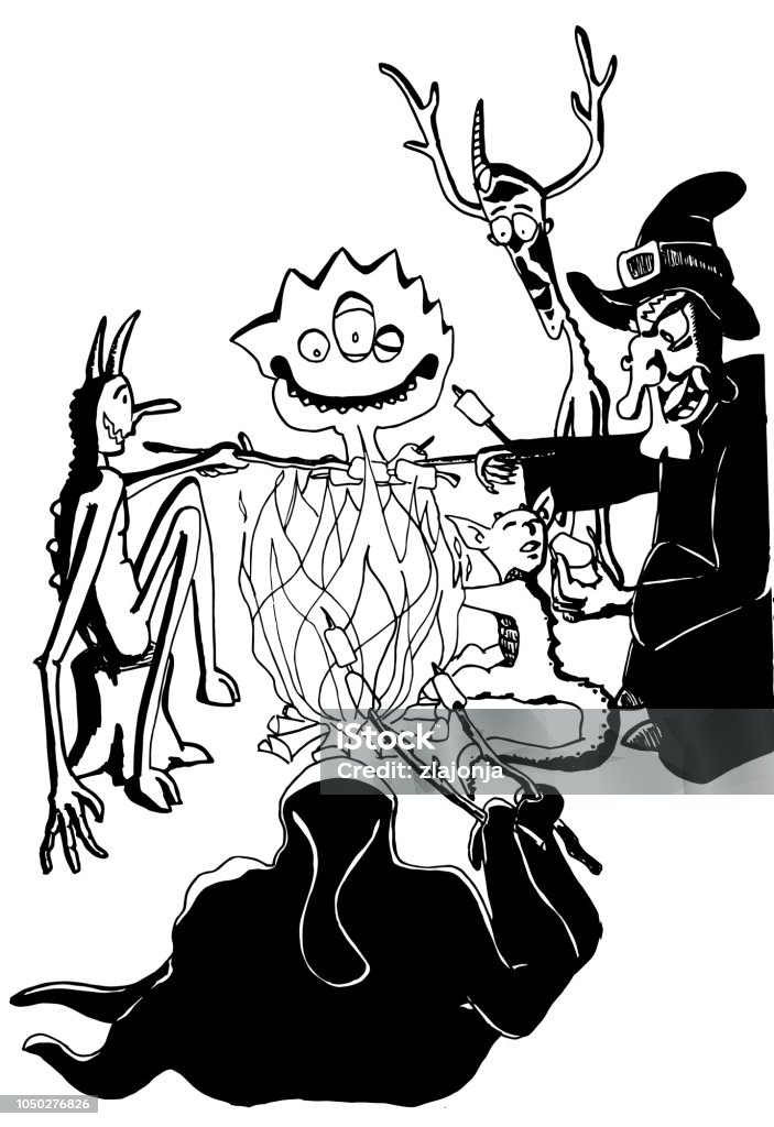 Halloween creatures having dinner, black and white, clip art coloring page Halloween creatures having dinner, black and white, clip art coloring page, abstract, funny illustration Abstract stock vector
