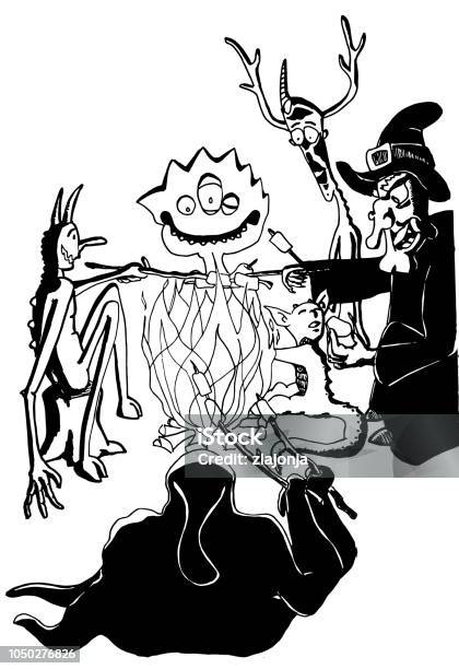 Halloween Creatures Having Dinner Black And White Clip Art Coloring Page Stock Illustration - Download Image Now