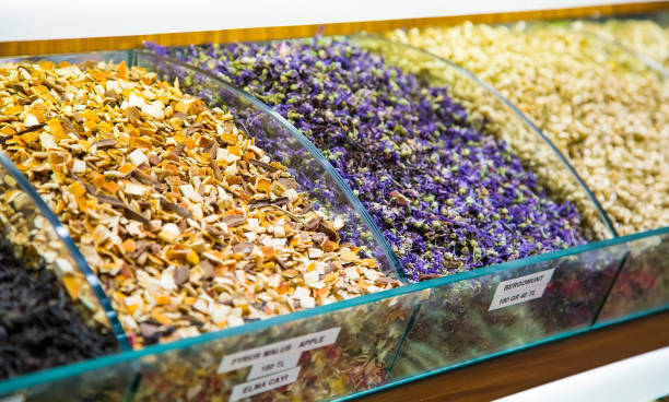 istock Show-window with fruit and herbal tea close up 1050277248