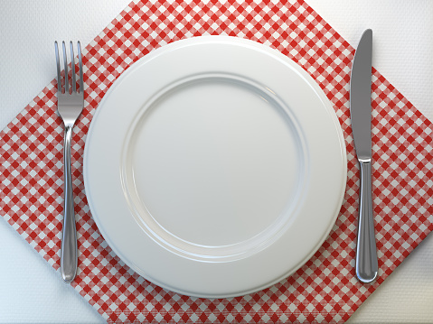 Top view of clean white plate with fork and knife on a tablecloth. 3d illustration