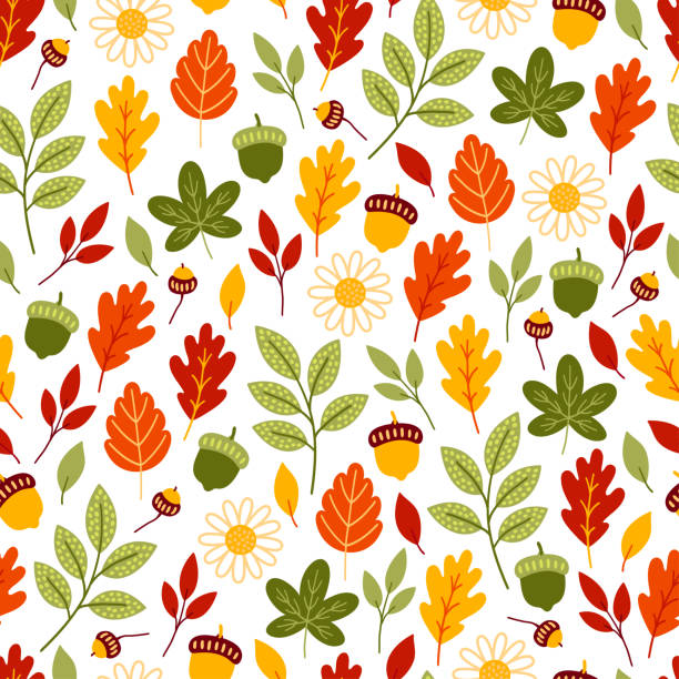 Autumn Seamless Pattern Autumn seamless pattern with chamomiles, oak leaves, acorn. Perfect for seasonal and Thanksgiving Day greeting cards, textile, wrapping. wallpaper pattern retro revival autumn leaf stock illustrations