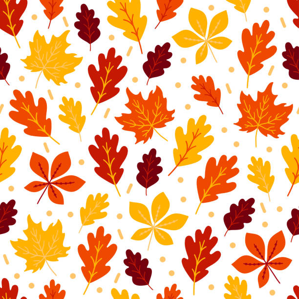 Autumn Seamless Pattern Autumn seamless pattern with oak and maple leaves. Perfect for seasonal and Thanksgiving Day greeting cards, textile, wrapping. autumn patterns stock illustrations