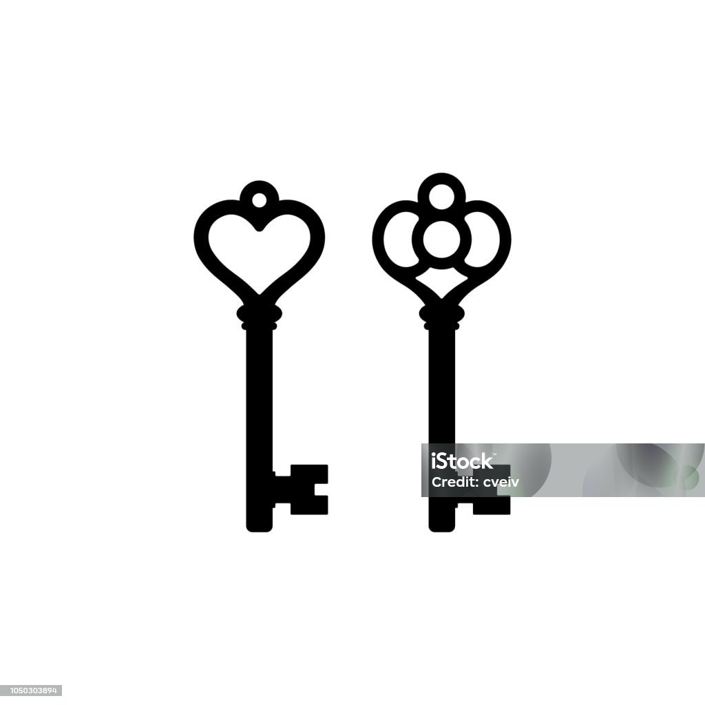 Vintage antique key design set. Vintage antique key design set. Retro keys black vector silhouette set. Key stock vector