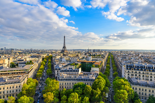 Beautiful view of Paris from the roof of the Triumphal Arch. Champs Elysees and the Eiffel Tower at sunset