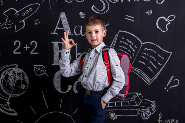 istock Cute schoolboy standing before the chalkboard as a background with a backpack on his back showing the sign OK. Landscape picture 1050315992