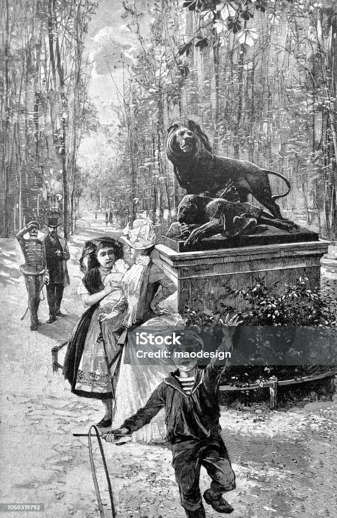 Scene from the park. The boy is playing and the family is standing next to a sculpture with lions - 1888 1880-1889 stock illustration