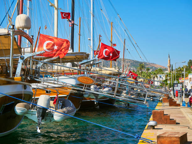Bodrum, Turkey - July 6, 2018. Boats moored at Bodrum harbour. Mugla Province, Turkey.