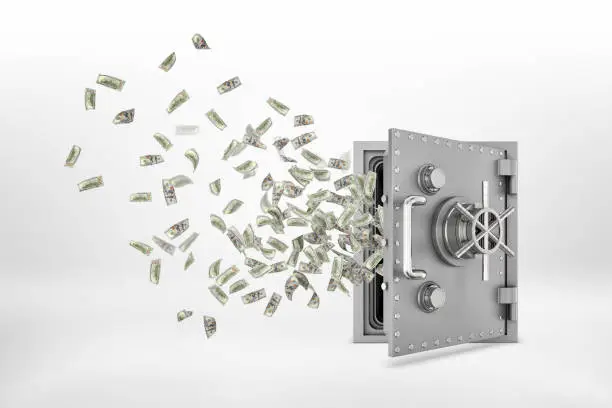 Vector illustration of 3d rendering of a semi-opened steel safe box with many paper dollar banknotes flying out of it.
