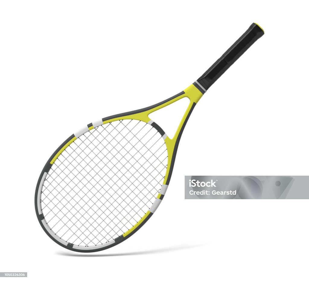 3d rendering of a professional tennis racquet with black and yellow stripes. 3d rendering of a professional tennis racquet with black and yellow stripes. Tennis gear. Professional sport equipment. Racquet and ball. Racket Stock Photo