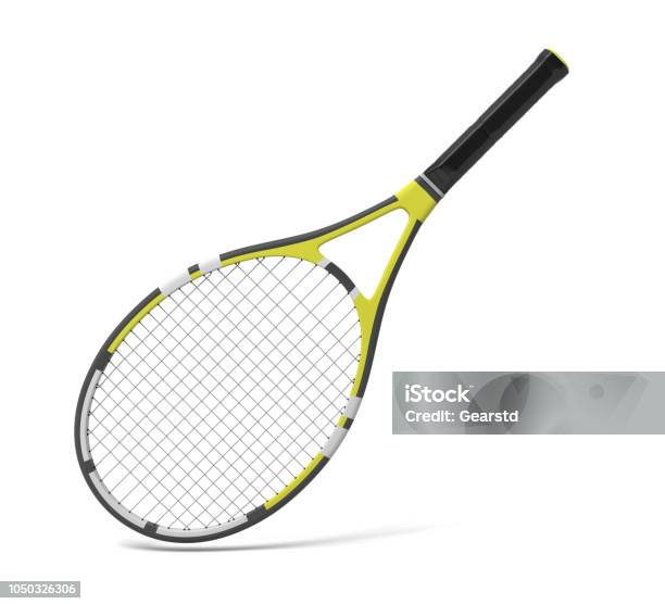 3d Rendering Of A Professional Tennis Racquet With Black And Yellow Stripes Stock Photo - Download Image Now
