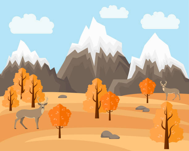 istock Autumn Landscape with deer in Flat Style Illustration. Mountains and trees. 1050329052