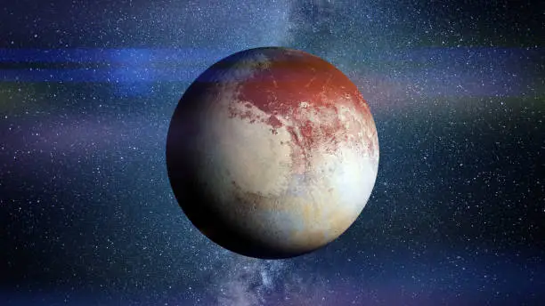 Photo of dwarf planet Pluto lit by the stars of the galaxy (3d rendering