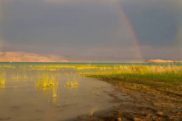 This is the view out to Bear Lake during a brief rainstorm that produced a rainbow over the southern tip of the lake.  The cloud-filtered light dramatically transformed the colors of the lake and surrounding grasses.