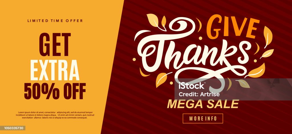 Thanksgiving Day sale web banner template. Give thanks promo offer Thanksgiving Day sale web banner template. Give thanks promo offer. Seasonal discount poster template. Fall shopping background. Hand drawn vector typographic design with modern calligraphy. Thanksgiving - Holiday stock vector