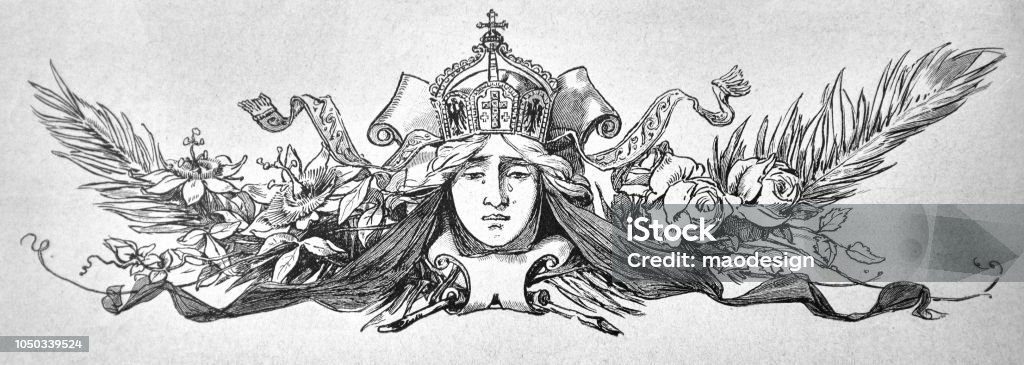 Decorative ornament of a crying angel in a crown - 1888 1880-1889 stock illustration