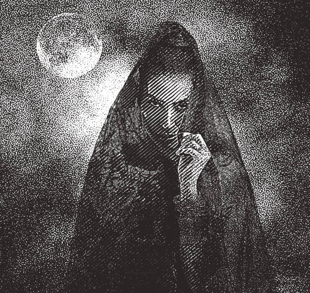 Spooky woman with moon and dramatic sky Mezzotint illustration of a Spooky woman with moon and dramatic sky vampire woman stock illustrations