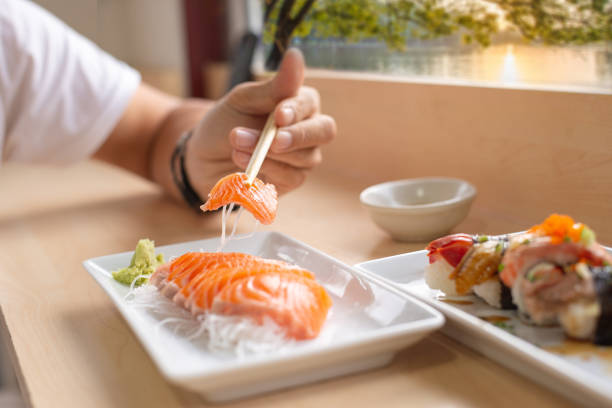 istock Close up,Hand holding salmon sashimi using chopsticks - Raw fresh salmon sliced served on white dish with wasabi, Japanese food style. 1050342760