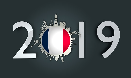 Circle with sea shipping and travel relative silhouettes. Objects located around the circle. Industrial design background. France flag in the center. 2019 year number. 3D rendering