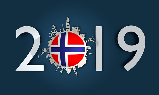Circle with sea shipping and travel relative silhouettes. Objects located around the circle. Industrial design background. Norway flag in the center. 2019 year number. 3D rendering