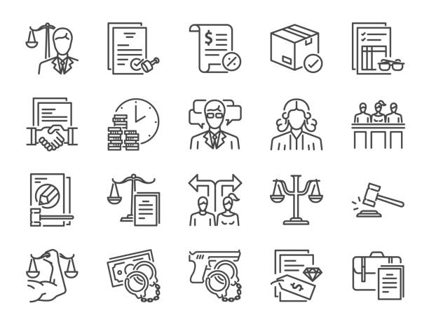 Legal services icon set. Included icons as law, lawyer, judge, court, advocacy and more. Legal services icon set. Included icons as law, lawyer, judge, court, advocacy and more. lawyer icons stock illustrations